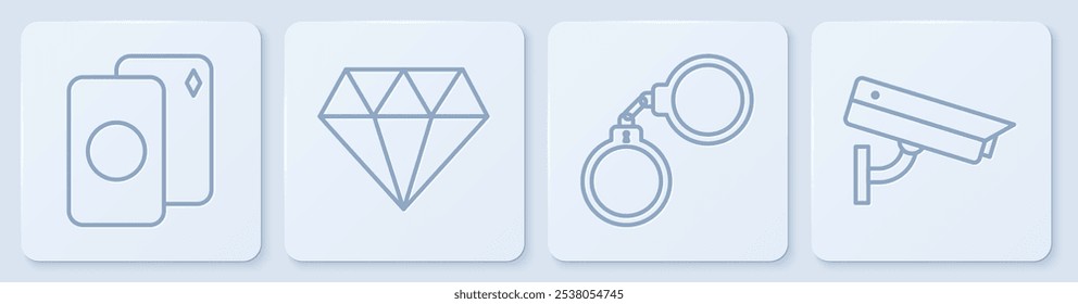 Set línea Deck de naipes, esposas, diamante y cámara de seguridad. Botón cuadrado blanco. Vector