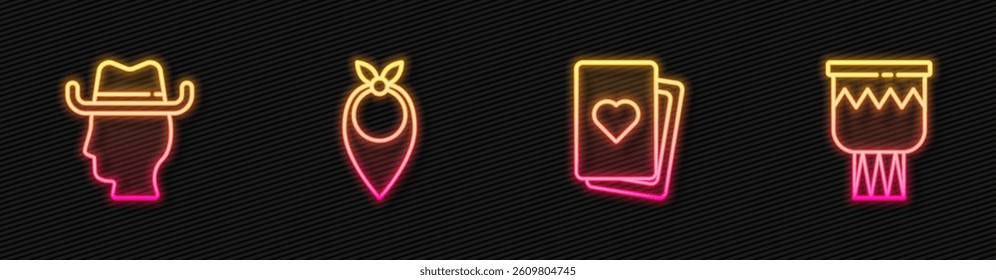 Set line Deck of playing cards, Cowboy, bandana and Drum. Glowing neon icon. Vector