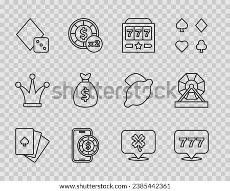 Set line Deck of playing cards, Slot machine with jackpot, Online poker table game, Game dice, Money bag, Casino slot clover and Lottery icon. Vector
