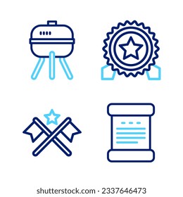Set line Declaration of independence, American flag, Medal with star and Barbecue grill icon. Vector
