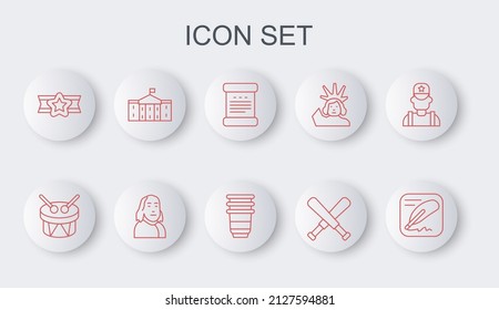 Set line Declaration of independence, Drum and drum sticks, Crossed baseball bat, Star American military, United States Capitol Congress, Benjamin Franklin and Paper glass icon. Vector