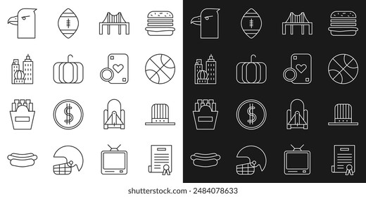 Set line Declaration of independence, Patriotic American top hat, Basketball ball, Golden gate bridge, Pumpkin, City landscape, Eagle head and Casino chip playing cards icon. Vector