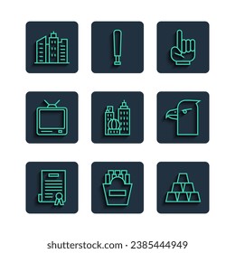 Set line Declaration of independence, Potatoes french fries box, Gold bars, Number 1 one fan hand glove, City landscape, Retro tv,  and Eagle head icon. Vector