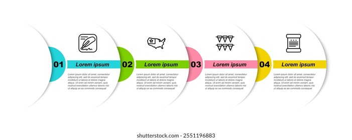Set line Declaration of independence, USA map, Carnival garland with flags and . Business infographic template. Vector