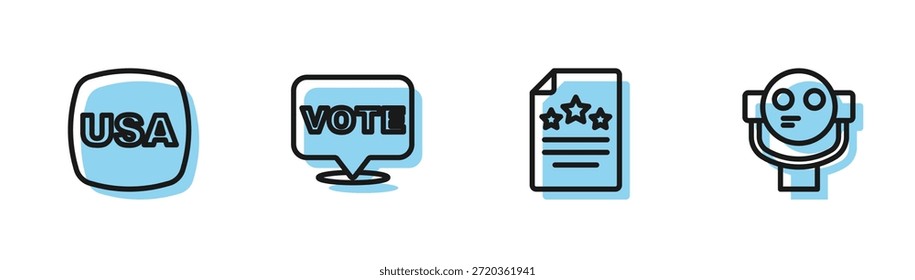Declaração de independência, Dia da Independência dos EUA, ícone do binóculo do Vote e do Turista. Vetor