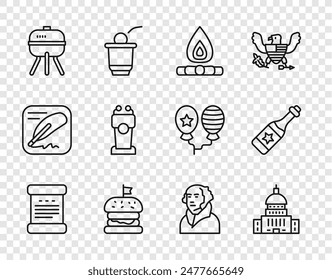 Set line Declaration of independence, White House, Campfire, Burger, Barbecue grill, Stage stand or tribune, George Washington and Champagne bottle icon. Vector