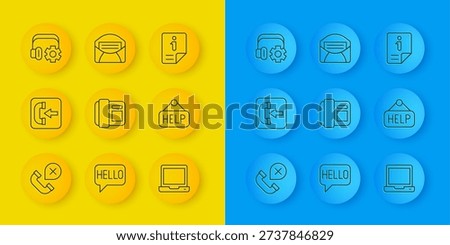 Set line Declined or missed phone call, Incoming, Telephone handset, Laptop, Signboard with text Help, Headphoneswith settings, Information and Mail e-mail icon. Vector