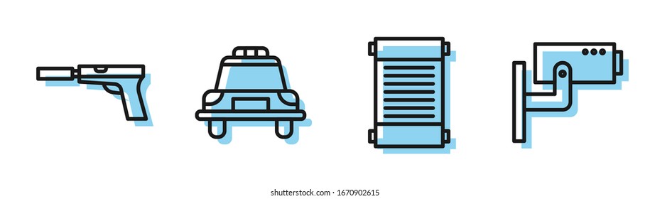 Set line Decree, paper, parchment, scroll, Pistol or gun with silencer, Police car and flasher and Security camera icon. Vector