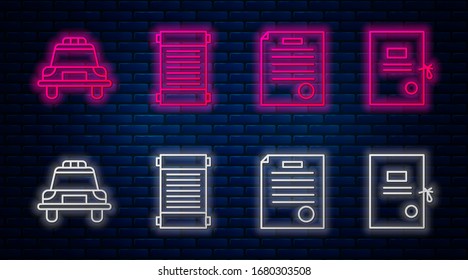 Set line Decree, paper, parchment, scroll, The arrest warrant, Police car and flasher and Lawsuit paper. Glowing neon icon on brick wall. Vector