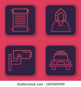 Set line Decree, paper, parchment, scroll, Security camera, Judge and Police car and flasher. Blue square button. Vector