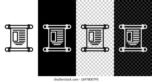 Establecer línea de icono Decreto, papel, pergamino, icono de desplazamiento aislado en fondo blanco y negro. Desplazamiento chino. Ilustración vectorial