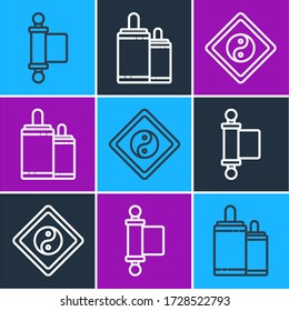 Set line Decree, paper, parchment, scroll, Yin Yang and Firework icon. Vector