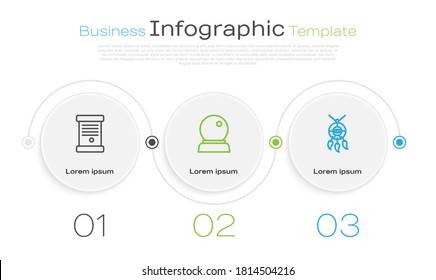 Fijar línea Decreto, papel, pergamino, pergamino, bola mágica y cazador de sueños con plumas. Plantilla de infografía de negocios. Vector
