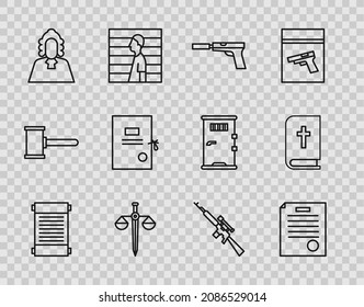Set line Dekret, Papier, Pergament, Scroll, Der Haftbefehl, Pistol oder Pistole mit Schalldämpfer, Skala der Gerechtigkeit, Richter, Anzug, Sniper Gewehr Umfang und Heilige Bibel Buch Symbol. Vektorgrafik