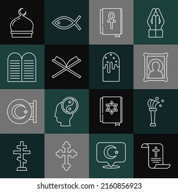 Set line Decree, paper, parchment, scroll, Aspergillum, Christian icon, Cross ankh book, Holy of Koran, The commandments, Muslim Mosque and Easter cake icon. Vector