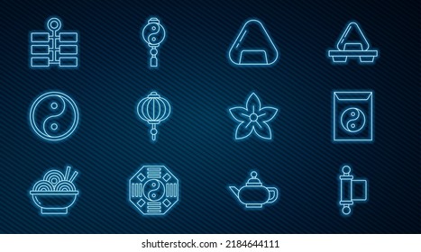 Set line Decree, paper, parchment, scroll, Yin Yang and envelope, Sushi, Chinese lantern, Firework, Lotus flower and  icon. Vector