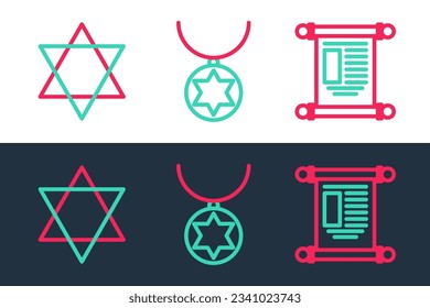 Set line Decree, paper, parchment, scroll, Star of David and necklace on chain icon. Vector