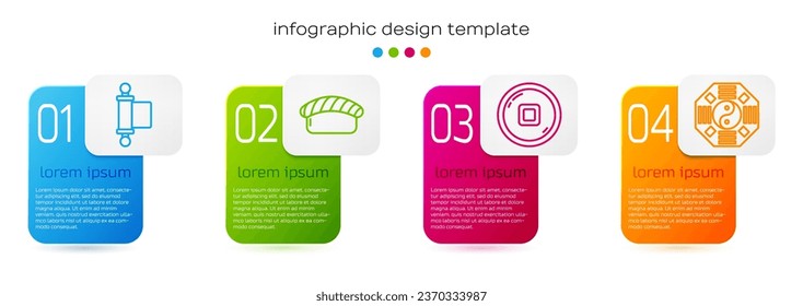 Fijar la línea Decreto, papel, pergamino, pergamino, sushi, la moneda del Yuan chino y Yin Yang. Plantilla de infografía empresarial. Vector