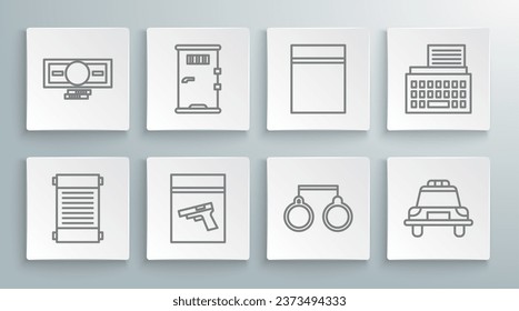 Fijar la línea Decreto, papel, pergamino, pergamino, puerta de celda de la prisión, bolsa de evidencia y pistola de pistola, Esposas, Luchador de autos de la policía, Plástico con ziplock, máquina de retro y icono de dinero apilado. Vector
