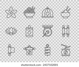 Set line Decree, paper, parchment, scroll, Chinese drum, hat, Yin Yang, Lotus flower, Firework,  and  icon. Vector