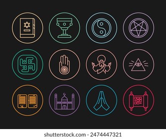 Set line Decree, paper, parchment, scroll, Masons, Yin Yang, Jainism or Jain Dharma, Jewish torah book, Jesus Christ and Christian chalice icon. Vector