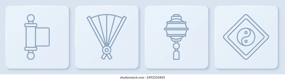 Set line Decree, paper, parchment, scroll, Chinese paper lantern, Paper chinese folding fan and Yin Yang. White square button. Vector