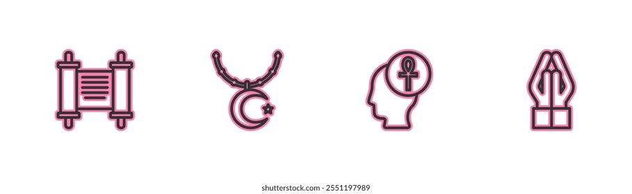 Set line Decree, paper, parchment, scroll, Cross ankh, Star and crescent on chain and Hands praying position icon. Vector