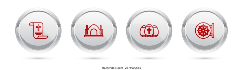 Set line Decree, paper, parchment, scroll, Hindu spiritual temple, Easter egg and Dharma wheel. Silver circle button. Vector