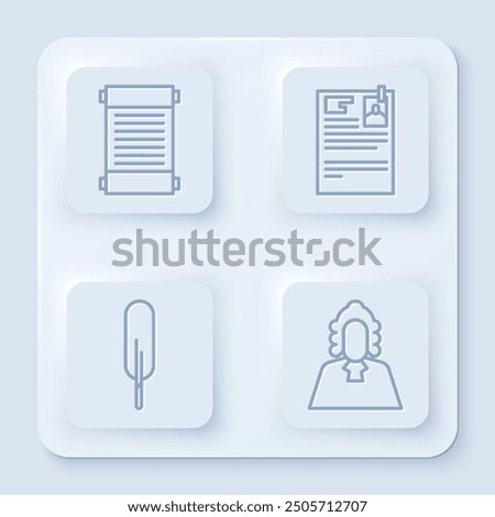Set line Decree, paper, parchment, scroll, Lawsuit paper, Feather pen and Judge. White square button. Vector