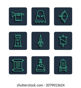 Set line Decree, parchment, scroll, Sword in the stone, Medieval throne, bow and arrow, Dagger, Castle tower, Trumpet with flag and  icon. Vector