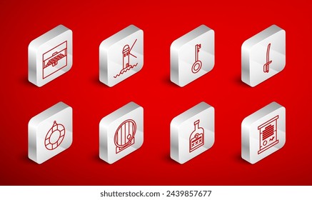 Set line Decree, parchment, scroll, Lighthouse, Pirate key, sword, Alcohol drink Rum bottle, Antique treasure chest, Wooden barrel and Lifebuoy icon. Vector