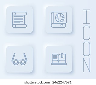 Set line Decree, parchment, scroll, Earth globe and book, Glasses and Open. White square button. Vector
