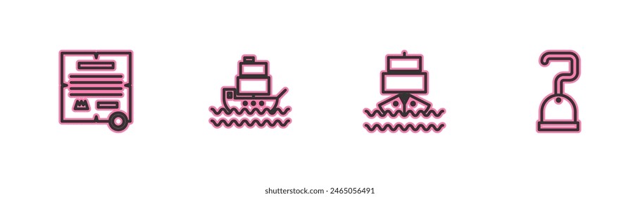 Establecer línea Decreto, pergamino, pergamino, barco y gancho pirata icono. Vector