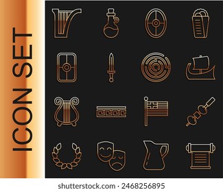 Decreto, pergamino, pergamino, oliva y queso en palillo, trirreme griego, escudo, espada medieval, arpa y el icono del laberinto Minotauro. Vector