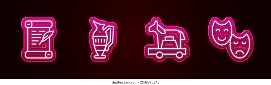 Set line Decree, parchment, scroll, Ancient amphorae, Trojan horse and Comedy and tragedy masks. Glowing neon icon. Vector