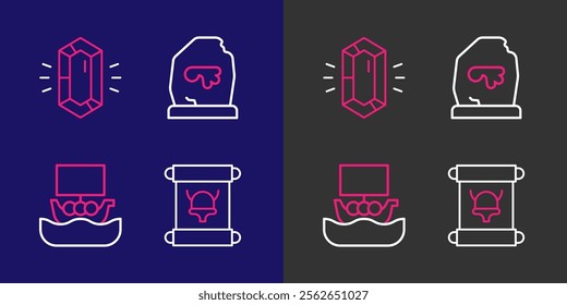 Set line Decree, parchment, scroll, Viking ship Drakkar, Magic rune and Gem stone icon. Vector