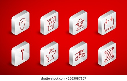 Set line Decree, parchment, scroll, Castle tower, Medieval iron helmet, Body armor, Catapult shooting stones, Shield, Anvil for blacksmithing hammer and chained mace ball icon. Vector