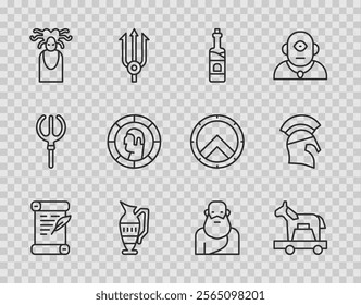 Set line Decree, parchment, scroll, Trojan horse, Bottle of wine, Ancient amphorae, Medusa Gorgon, Greek coin, Socrates and helmet icon. Vector