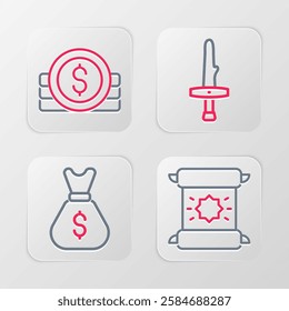 Set line Decree, parchment, scroll, Old money bag, Dagger and Ancient coin icon. Vector