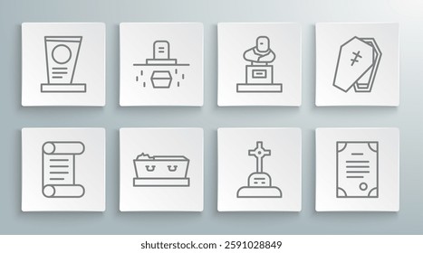 Set line Decree, parchment, scroll, Grave with coffin, Coffin dead, cross, Death certificate, tombstone,  and  icon. Vector