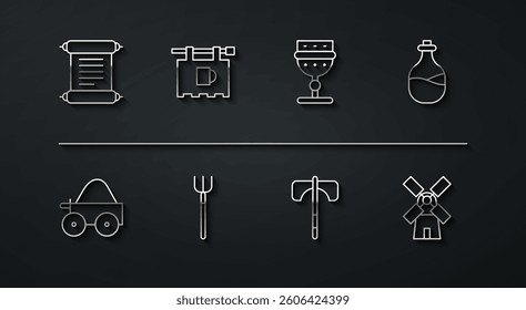 Set line Decree, parchment, scroll, Wooden four-wheel cart, Old bottle of wine, Medieval axe, Garden pitchfork, Street signboard with Bar, Windmill and goblet icon. Vector