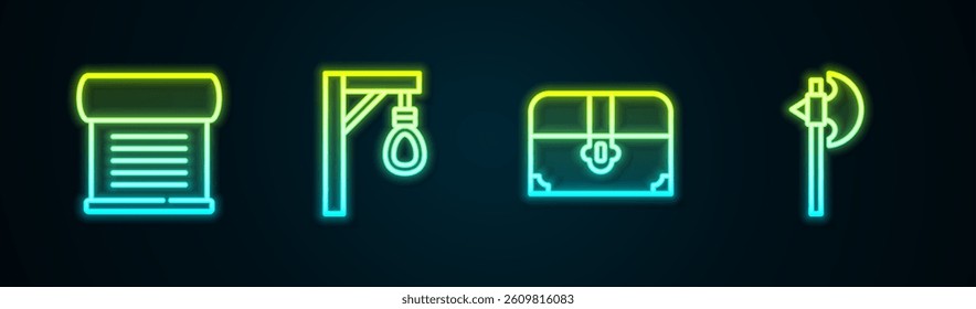 Set line Decree, parchment, scroll, Gallows, Antique treasure chest and Medieval axe. Glowing neon icon. Vector