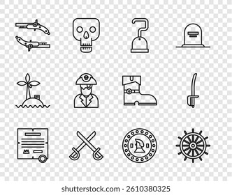 Set line Decree, parchment, scroll, Ship steering wheel, Pirate hook, Crossed pirate swords, Vintage pistols, captain, coin and  icon. Vector