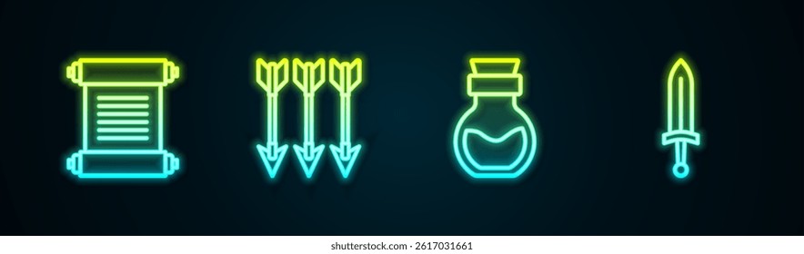 Set line Decree, parchment, scroll, Crossed arrows, Poison in bottle and Medieval sword. Glowing neon icon. Vector