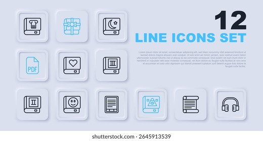 Set line Decree, parchment, scroll, Headphones, Romance book, Ancient magic, PDF file document, Book, as gift and E-Book reader icon. Vector