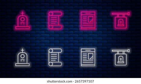 Set line Decree, parchment, scroll, Obituaries, Grave with tombstone and Signboard. Glowing neon icon on brick wall. Vector