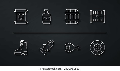 Set line Decree, parchment, scroll, Ancient viking boots, Antique treasure chest, Chicken leg, Fish, Whiskey bottle, Shield and Wooden barrel icon. Vector