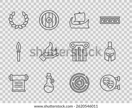 Set line Decree, parchment, scroll, Comedy and tragedy masks, Greek trireme, Bottle of olive oil, Laurel wreath, Hand holding fire, Minotaur labyrinth and helmet icon. Vector