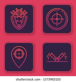 Set line Deer head with antlers on shield, Hunt place, Target sport for shooting competition and Trap hunting. Blue square button. Vector