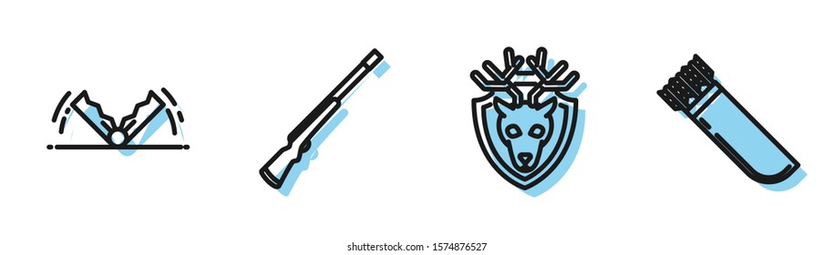 Set line Deer head with antlers on shield, Trap hunting, Hunting gun and Quiver with arrows icon. Vector